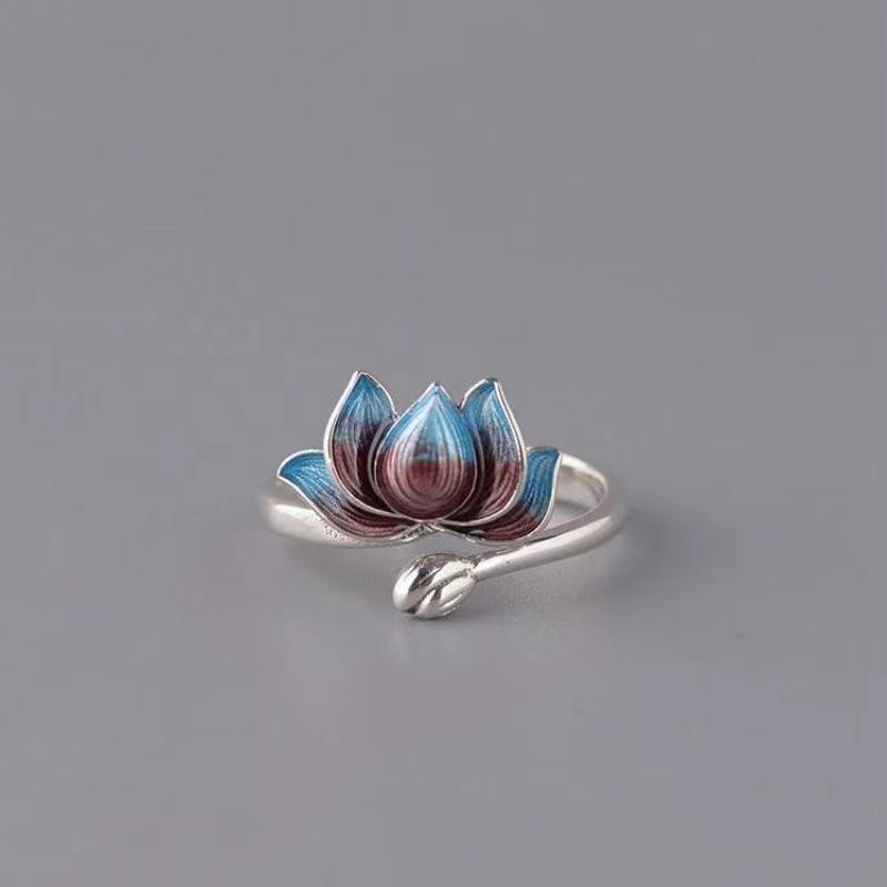 Cloisonne Lotus Flower Silver Ring - FengshuiGallary