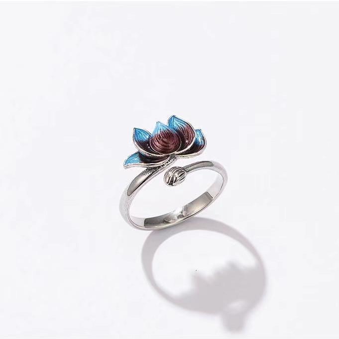 Cloisonne Lotus Flower Silver Ring - FengshuiGallary