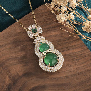 Cubic Zirconia Crystals Green Jade Calabash Pendant Necklace - FengshuiGallary