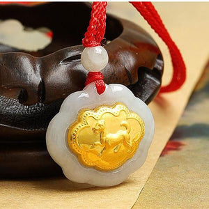 Dog Gold 12 Chinese Zodiac Lucky Amulet White Jade Pendant Necklace - FengshuiGallary