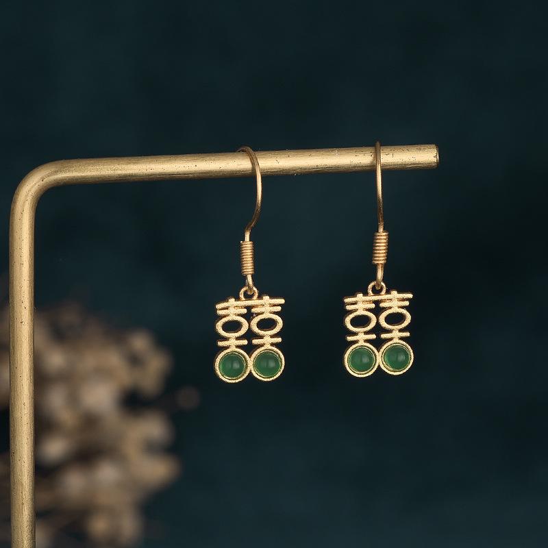 Double Happiness Earrings-Green Jade - FengshuiGallary