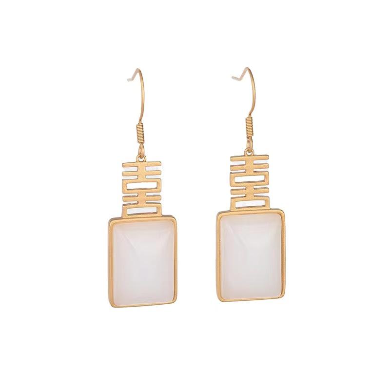 Double Happiness Earrings-White Jade - FengshuiGallary
