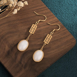 Double Happiness White Jade Lucky Earring - FengshuiGallary