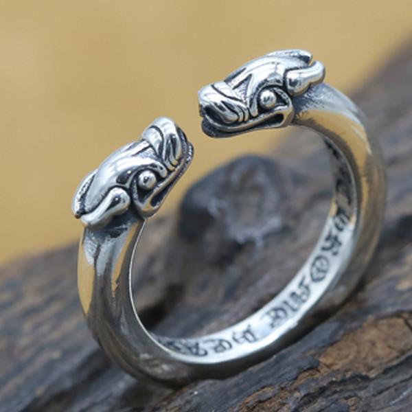 Double Pixiu Mantra Lucky Silver Ring - FengshuiGallary