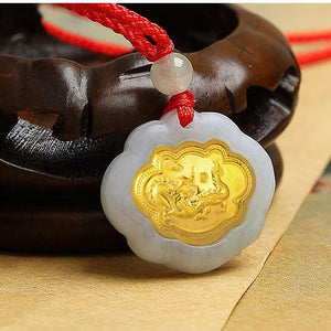Dragon 24k Gold 12 Chinese Zodiac Lucky Amulet White Jade Pendant Necklace - FengshuiGallary