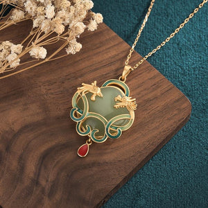 Dragon& Phoenix Green Jade Enamel Gold Pendant Necklace - FengshuiGallary