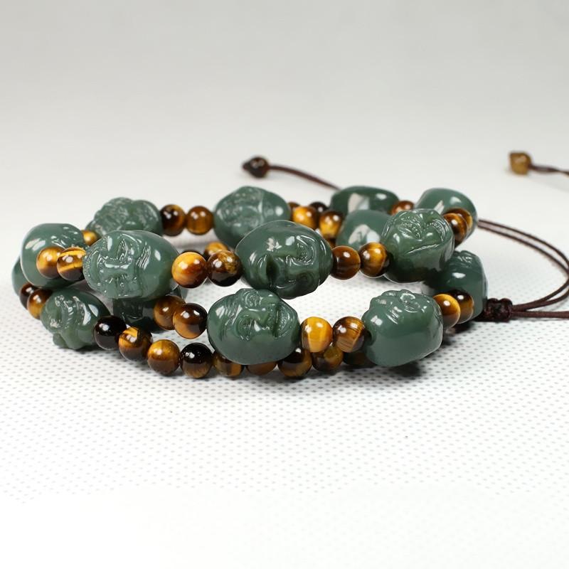 Eighteen Arhats Green Jade Carving Beads Tailsman Necklace - FengshuiGallary