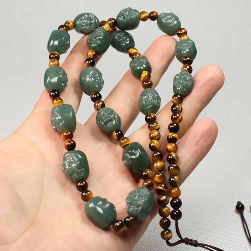 Eighteen Arhats Green Jade Carving Beads Tailsman Necklace - FengshuiGallary