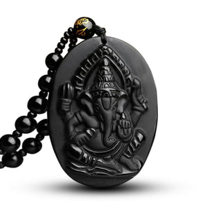 Elephant Ganesha Amulet Obsidian Lucky Necklace - FengshuiGallary