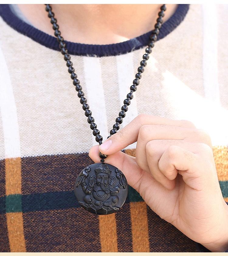 Elephant Ganesha Obsidian Pendant Necklace - FengshuiGallary