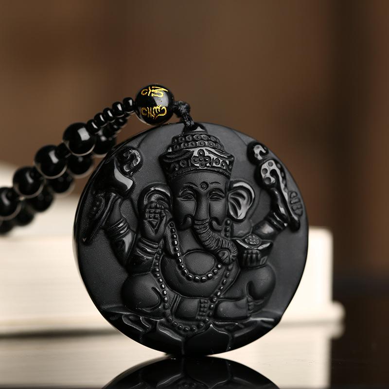 Elephant Ganesha Obsidian Pendant Necklace - FengshuiGallary