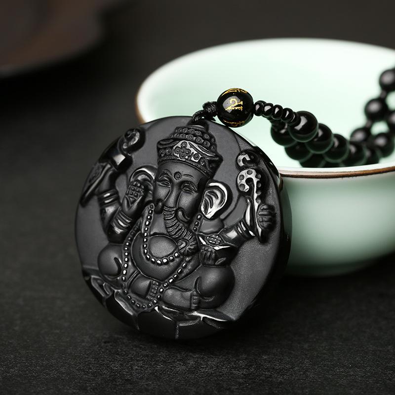 Elephant Ganesha Obsidian Pendant Necklace - FengshuiGallary