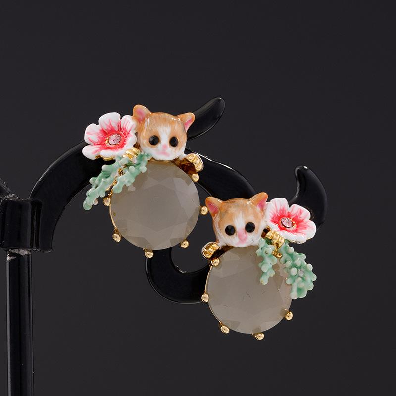 Enamel Cat Rhinestone Lucky Earrings - FengshuiGallary
