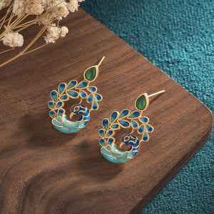 Enamel Peacock Green Jade Stud Earrings - FengshuiGallary