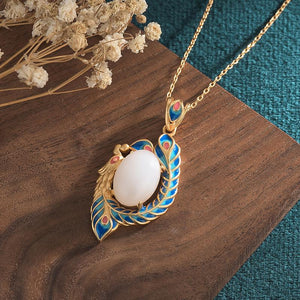 Enamel Phoenix White Jade lucky Pendant Necklace - FengshuiGallary
