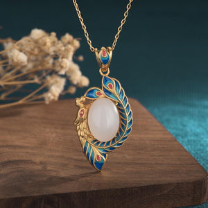 Enamel Phoenix White Jade lucky Pendant Necklace - FengshuiGallary