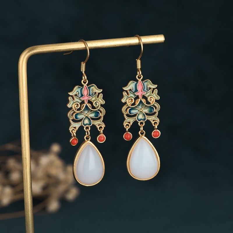 Enamel White Jade Classic Palace Lucky Earrring - FengshuiGallary