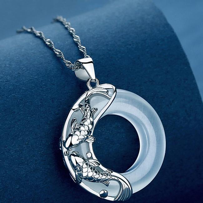 Feng Shui 925 Silver Koi Fish Moonstone Pendant Necklace - FengshuiGallary