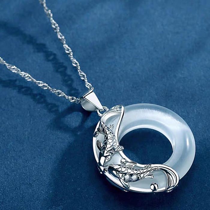 Feng Shui 925 Silver Koi Fish Moonstone Pendant Necklace - FengshuiGallary