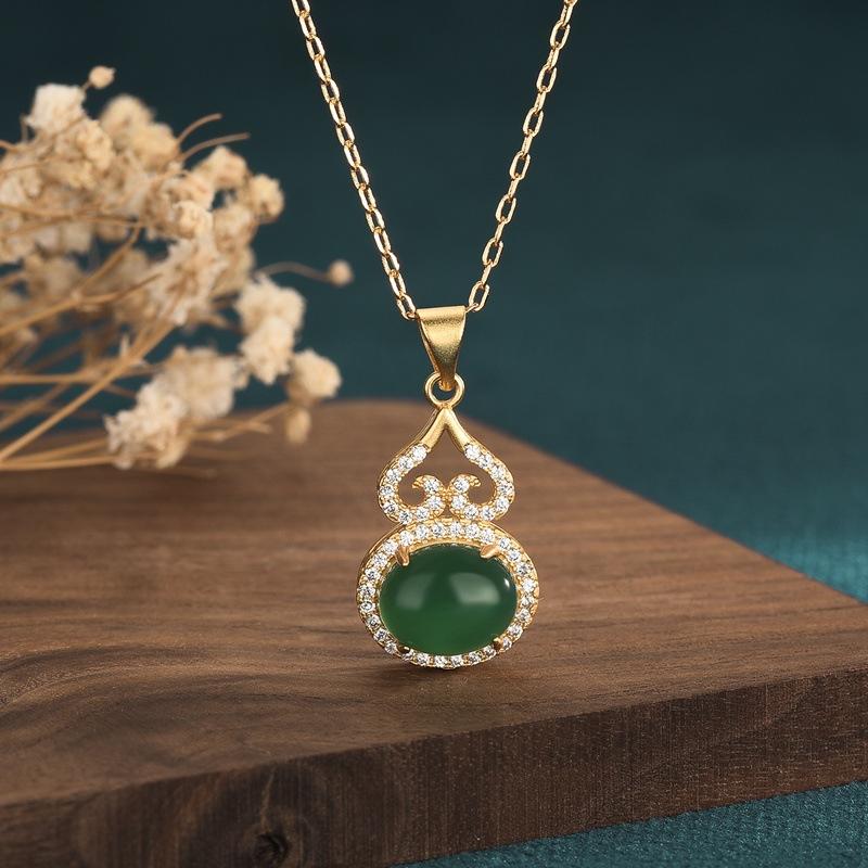 Feng Shui Calabash Cubic Zirconia Green Jade Lucky Pendant Necklace - FengshuiGallary