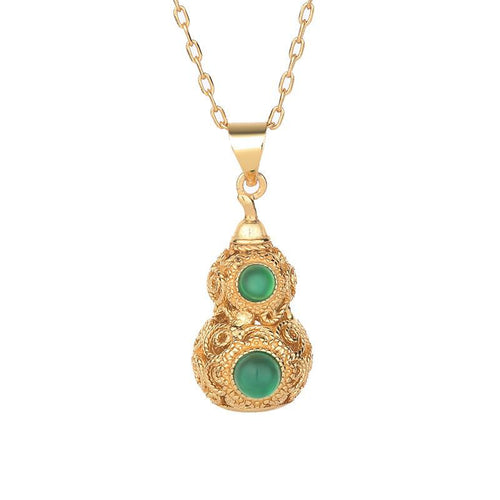 Feng Shui Calabash Green Jade Gold Wealth Pendant - FengshuiGallary