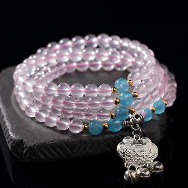Feng Shui Long Life Lock Pink Crystal 108 Beads Healing Necklace - FengshuiGallary