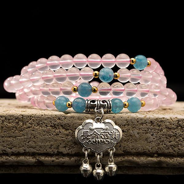 Feng Shui Long Life Lock Pink Crystal 108 Beads Healing Necklace - FengshuiGallary