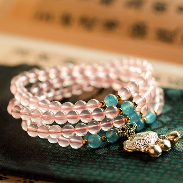 Feng Shui Long Life Lock Pink Crystal 108 Beads Healing Necklace - FengshuiGallary