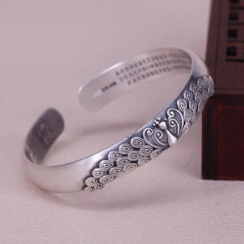 Feng Shui Silver Peacock Mantra Lucky Bangle - FengshuiGallary