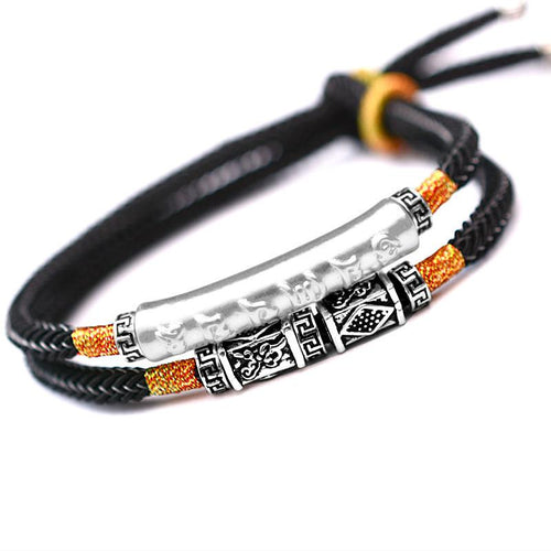 Feng Shui Six True Words Mantra Silver Leather Bracelet - FengshuiGallary