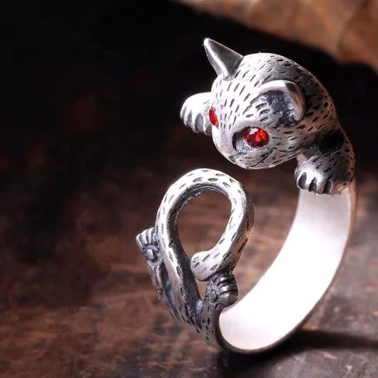 Feng Shui Wealth Cat Silver Ring - FengshuiGallary