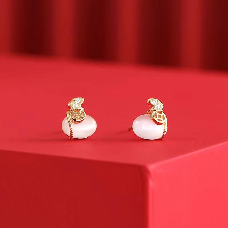 Fengshui Coin Cat Eye Stone Stud Earrings - FengshuiGallary