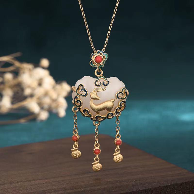 Fengshui Deer Jade Pendant Necklace-Wealth Coins - FengshuiGallary