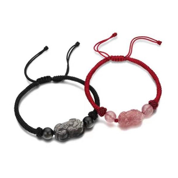 Fengshui Pixiu Couple Bracelet-Strawberry Crystal-Golden Obsidian - FengshuiGallary