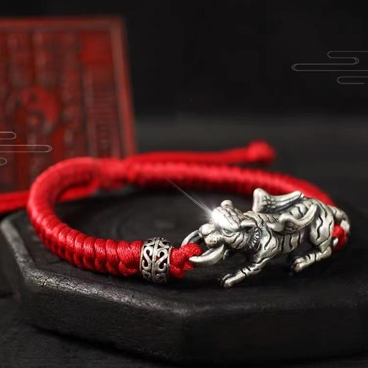 Fengshui Tiger Bracelet-Wealth Coin 925 Silver Red String - FengshuiGallary