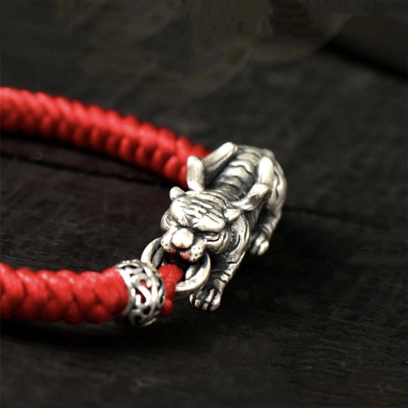 Fengshui Tiger Bracelet-Wealth Coin 925 Silver Red String - FengshuiGallary