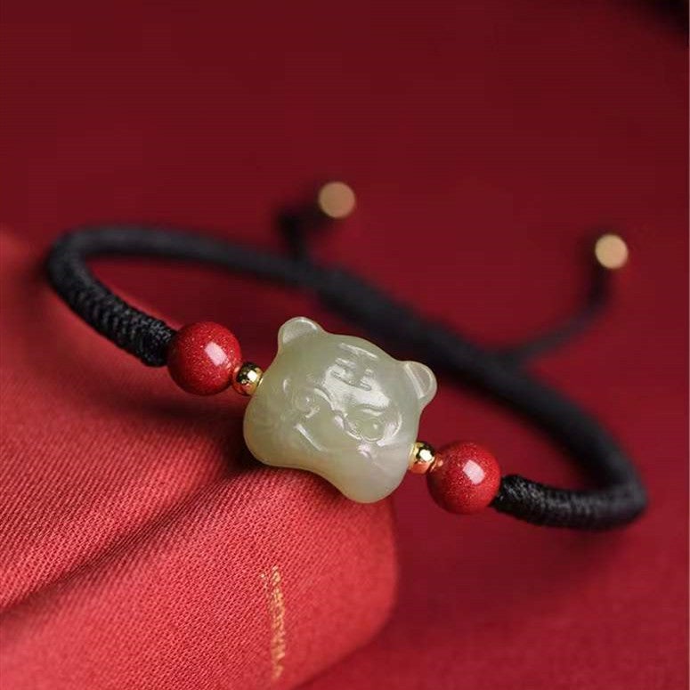 Fengshui Tiger Natural Green Jade Red String Bracelet-2022 Tiger Year