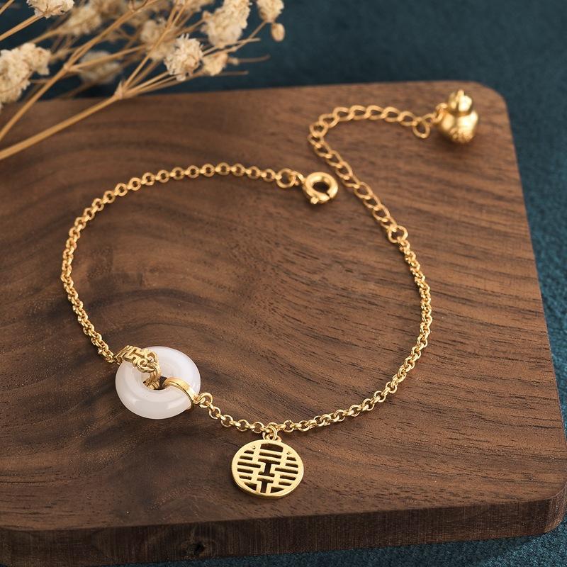 Gold Calabash Double Happiness White Jade Wealth Bracelet - FengshuiGallary