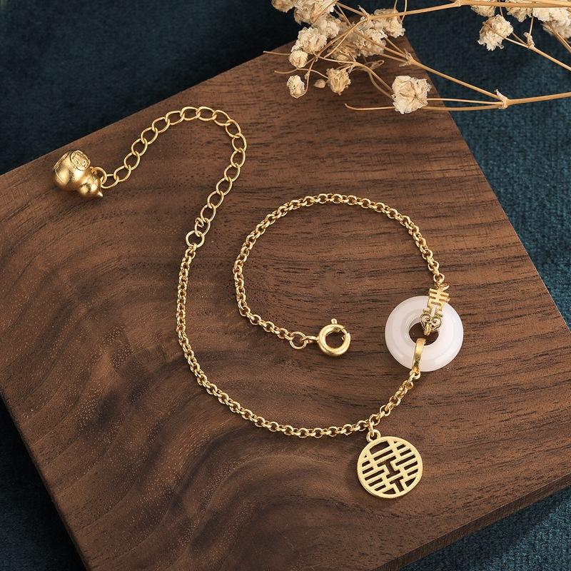 Gold Calabash Double Happiness White Jade Wealth Bracelet - FengshuiGallary