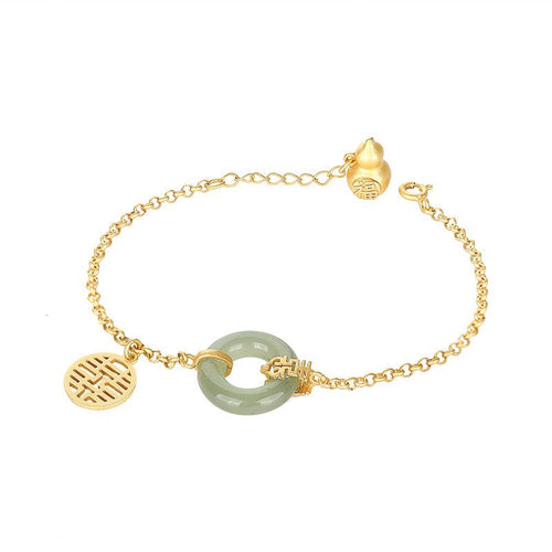 Gold Calabash Full Blessing Green Jade Wealth Bracelet - FengshuiGallary