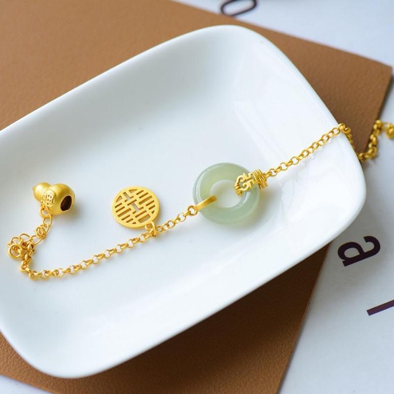 Gold Calabash Full Blessing Green Jade Wealth Bracelet - FengshuiGallary