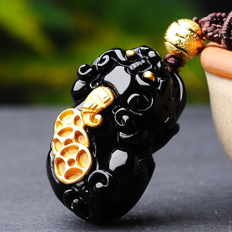 Gold Coin Pixiu Obsidian Wealth Pendant Necklace - FengshuiGallary