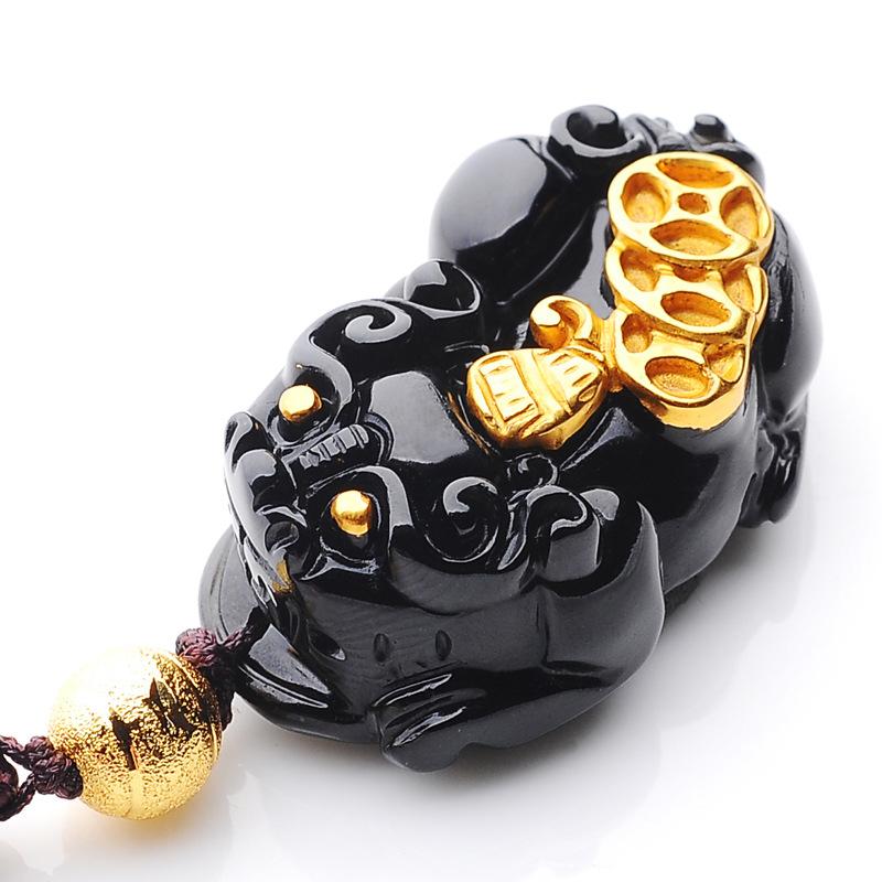 Gold Coin Pixiu Obsidian Wealth Pendant Necklace - FengshuiGallary