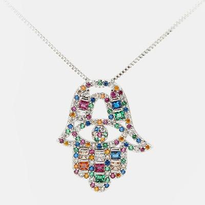 Gold Diamond Hand Of Fatima Protection Pendant Necklace - FengshuiGallary