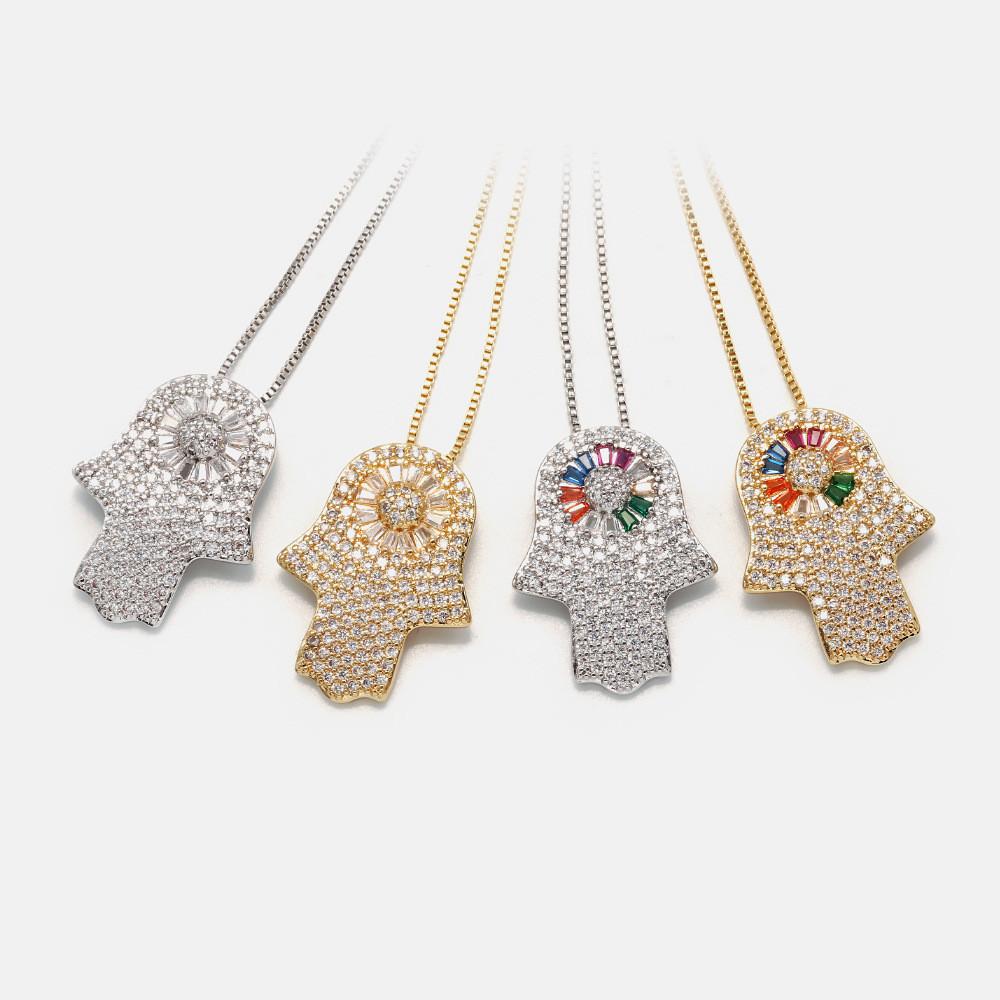 Gold Diamond Rainbow Crystal Hand Of Fatima Protection Pendant Necklace - FengshuiGallary