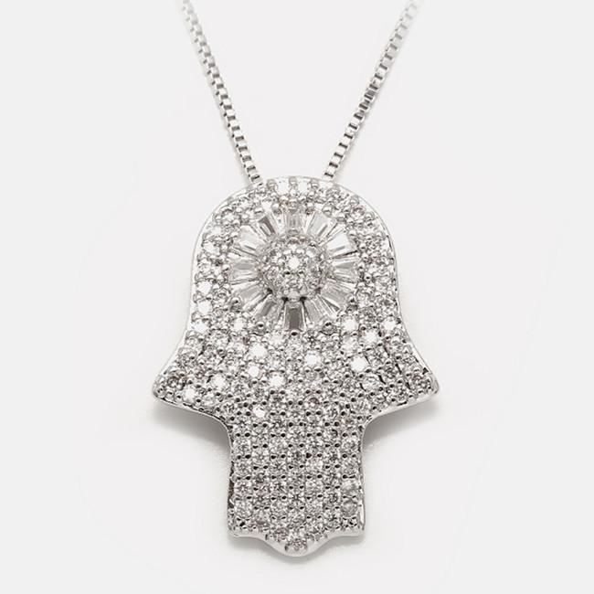 Gold Diamond Rainbow Crystal Hand Of Fatima Protection Pendant Necklace - FengshuiGallary