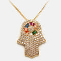 Gold Diamond Rainbow Crystal Hand Of Fatima Protection Pendant Necklace - FengshuiGallary