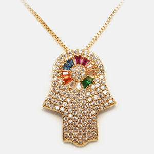 Gold Diamond Rainbow Crystal Hand Of Fatima Protection Pendant Necklace - FengshuiGallary