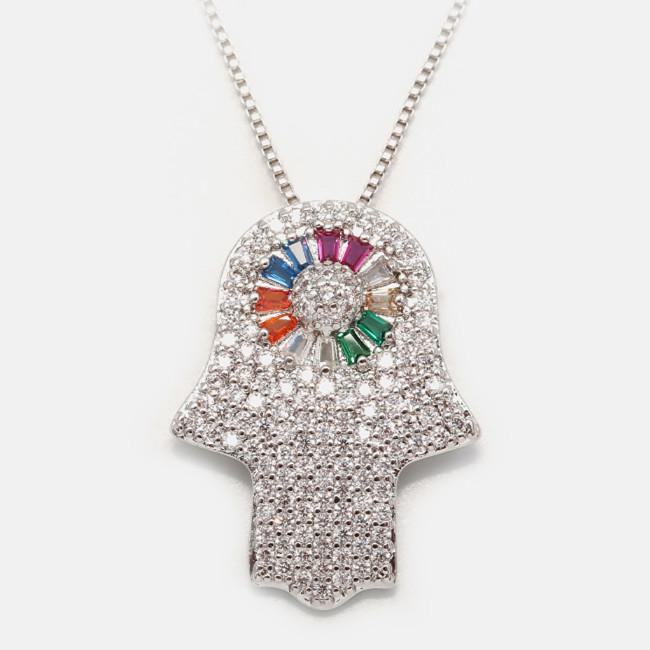 Gold Diamond Rainbow Crystal Hand Of Fatima Protection Pendant Necklace - FengshuiGallary