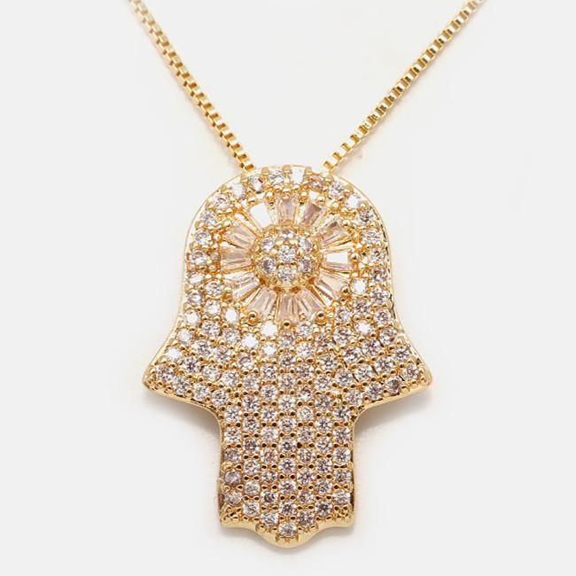 Gold Diamond Rainbow Crystal Hand Of Fatima Protection Pendant Necklace - FengshuiGallary
